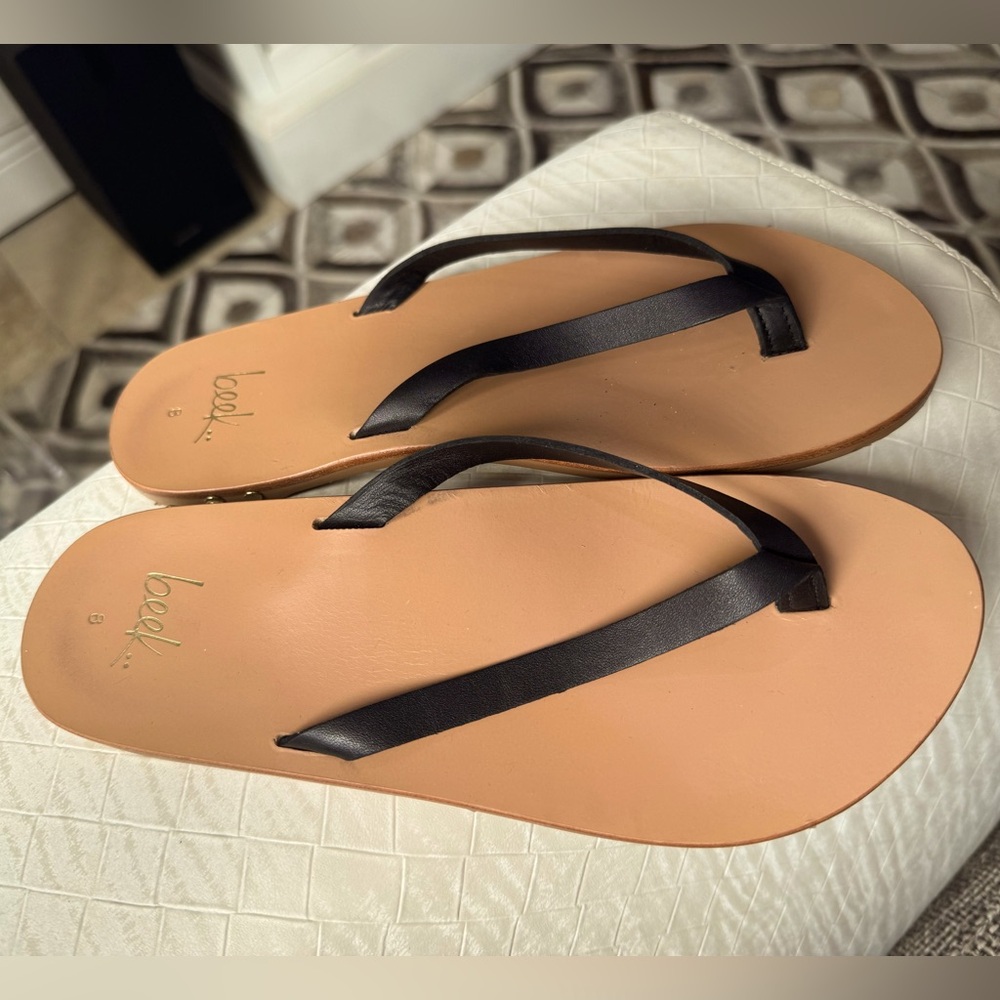 Beek Seabird Black and Tan Leather Flip Flop Women Size 8 Sandal